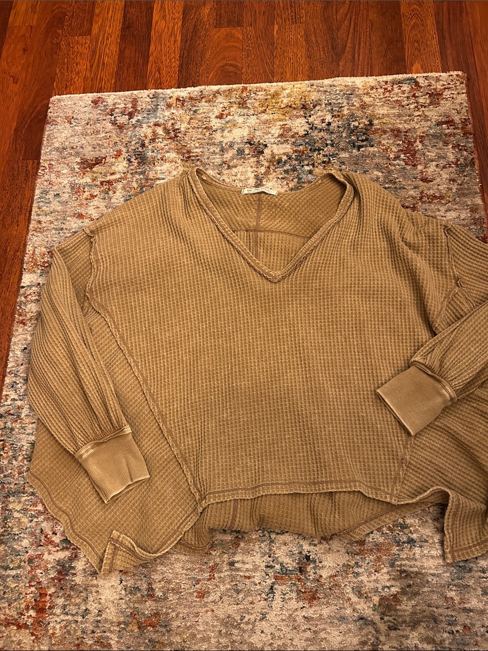 We The Free V-Neck Waffle Knit Sweater in Camel